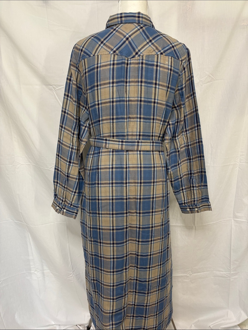 Coldwater Creek Blue and Tan Plaid Long-Sleeve Shirt Dress with Belt - Picture 4 of 9